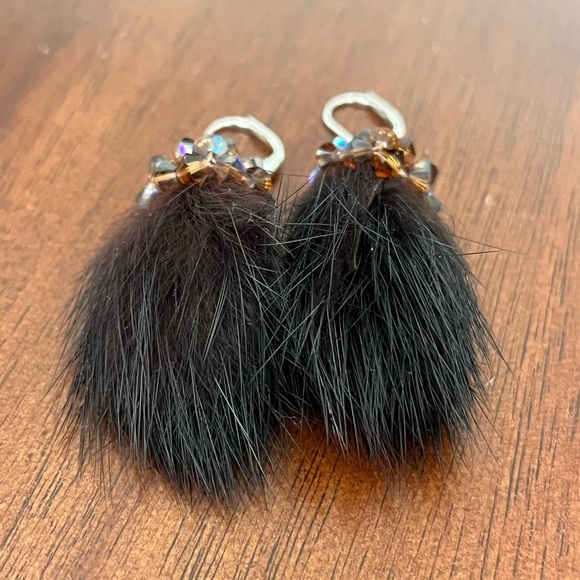 Faux Fur Rhinestone brown Earrings - Picture 3 of 5